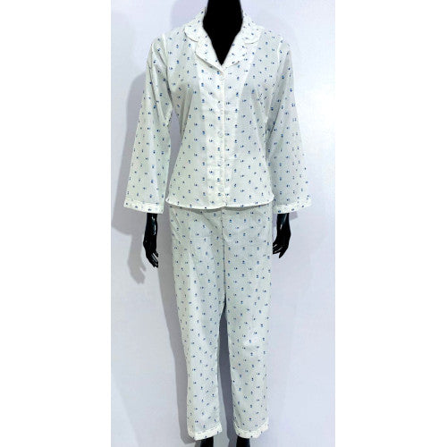 SoieRose 100% Cotton White and Blue Print Pajama Set - SR1079