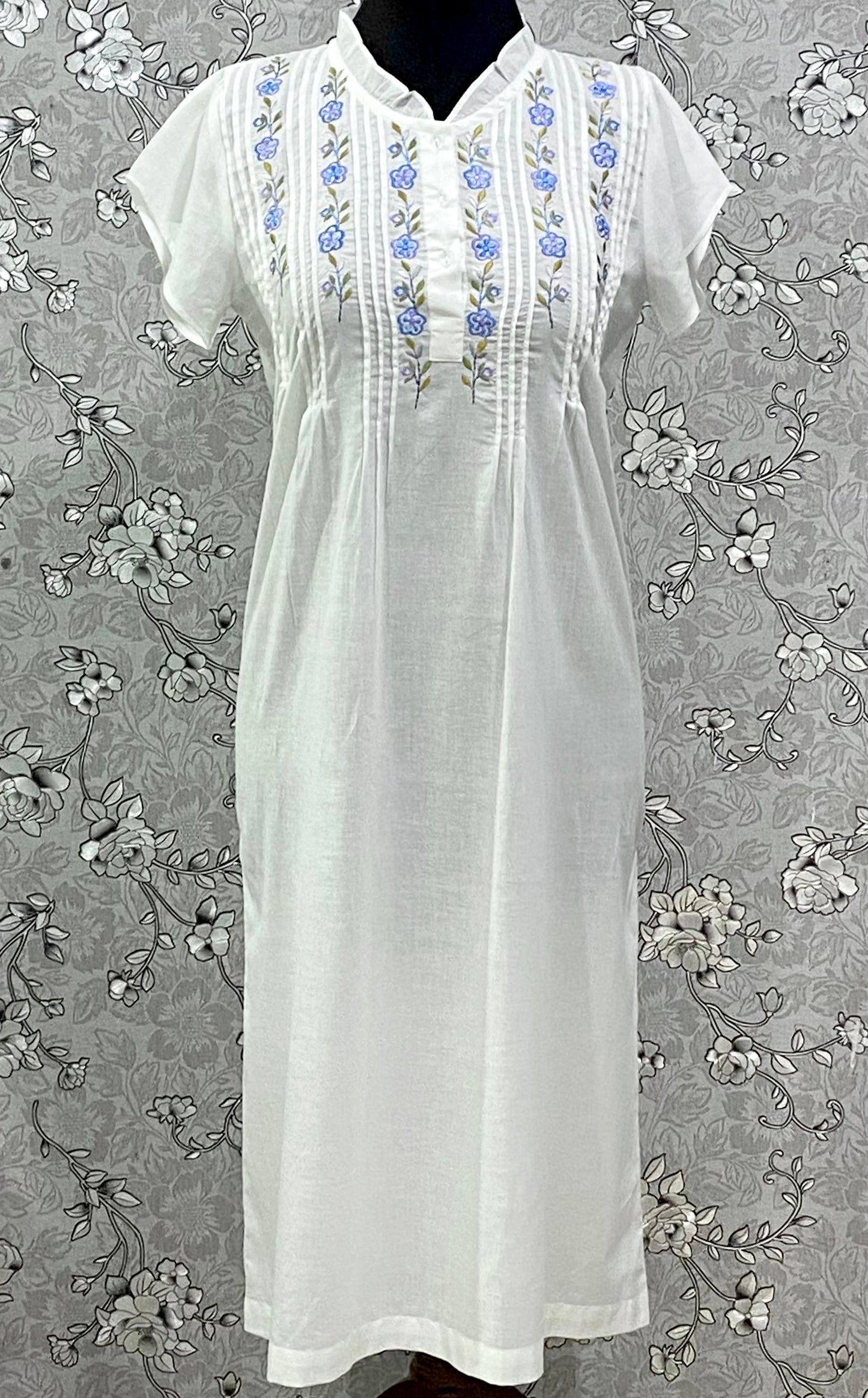 SoieRose Cotton Nightgown – SR-1196 – White Victorian Nightdress with Blue Floral Embroidery