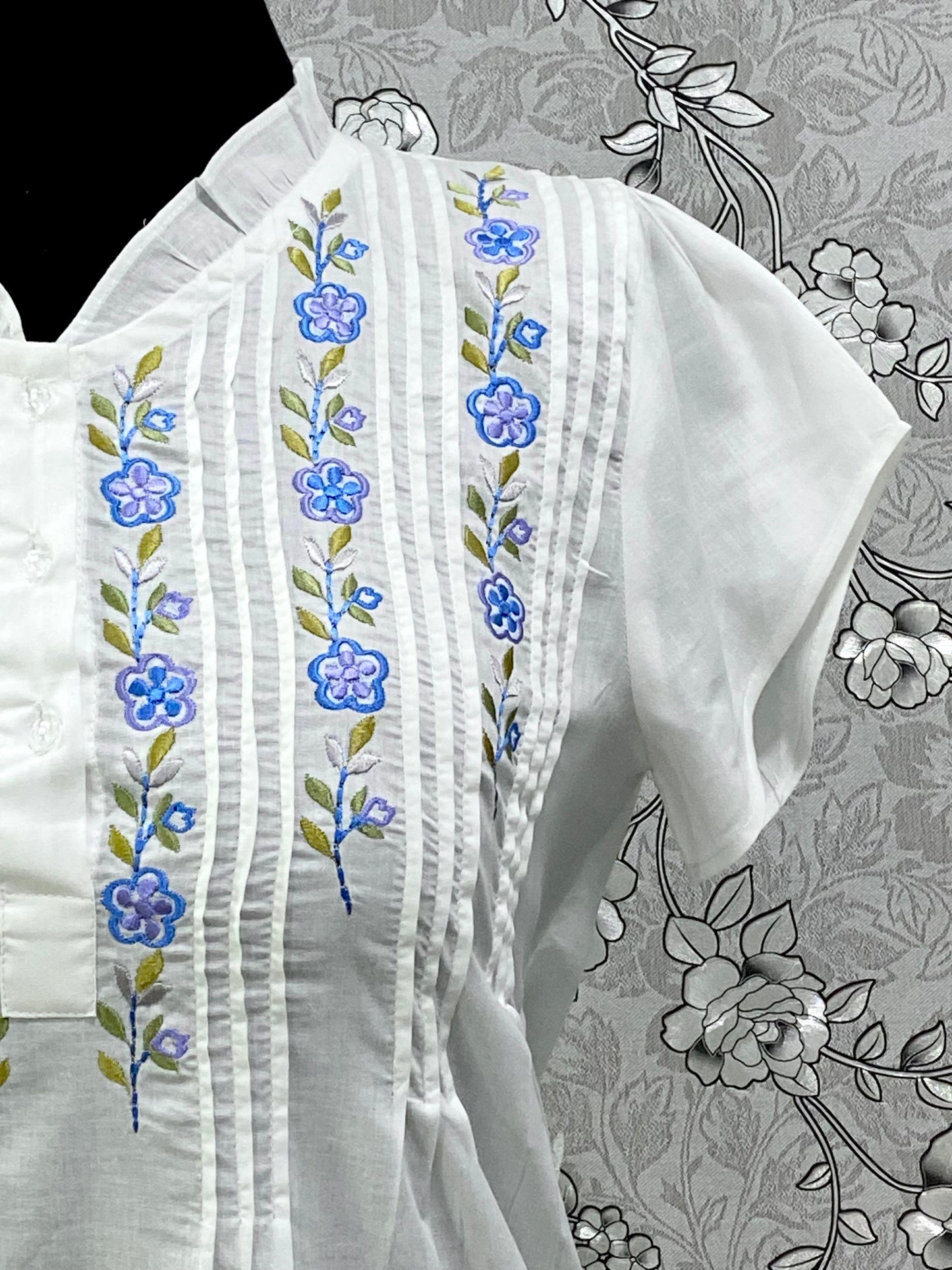 SoieRose Cotton Nightgown – SR-1196 – White Victorian Nightdress with Blue Floral Embroidery
