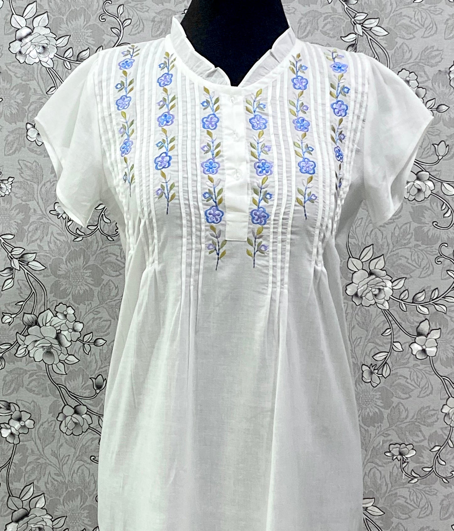 SoieRose Cotton Nightgown – SR-1196 – White Victorian Nightdress with Blue Floral Embroidery