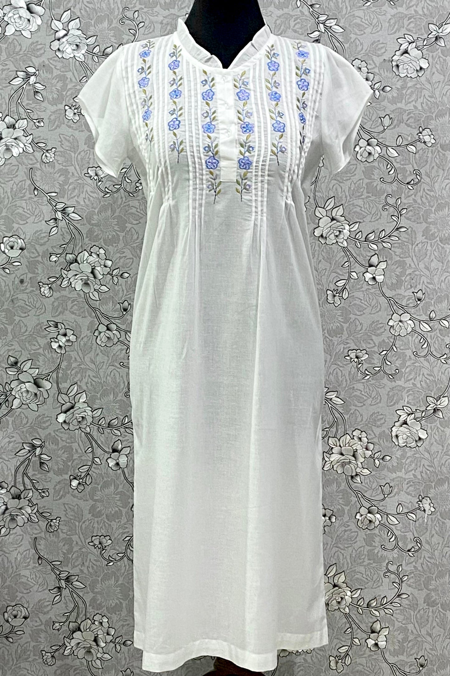 SoieRose Cotton Nightgown – SR-1196 – White Victorian Nightdress with Blue Floral Embroidery
