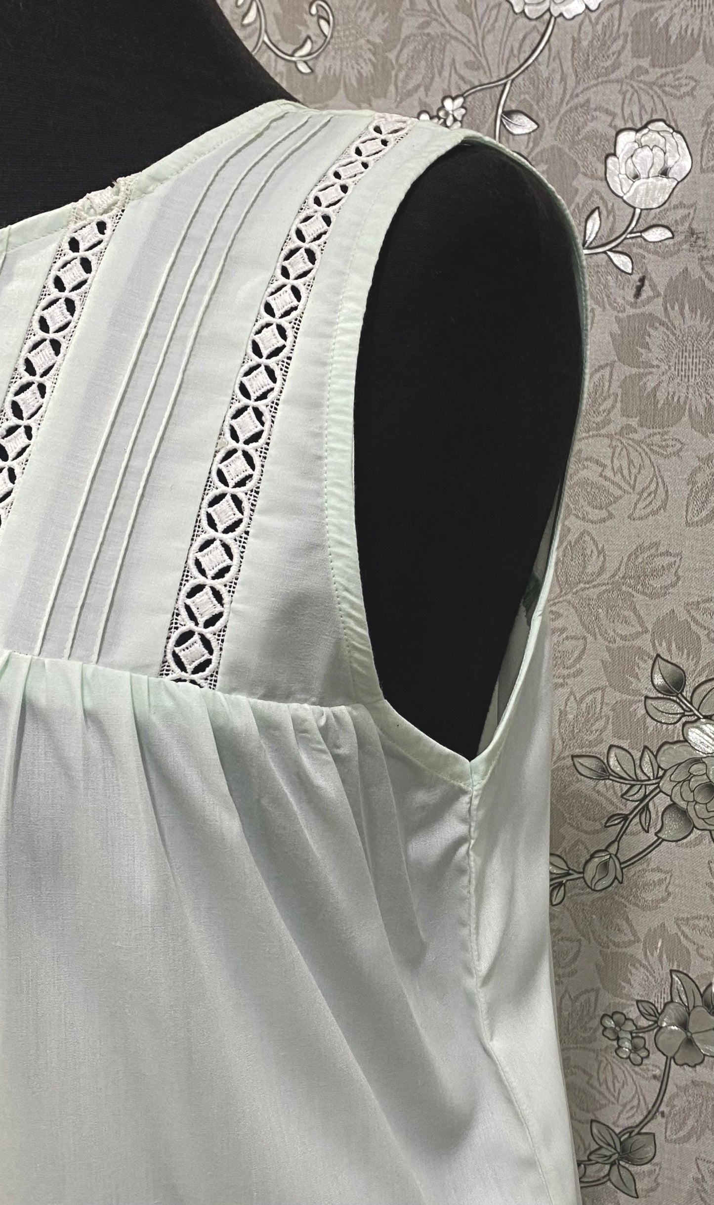 SoieRose Mint Victorian Cotton Nightgown – SR-1197 – Sleeveless Button-Down Nightdress