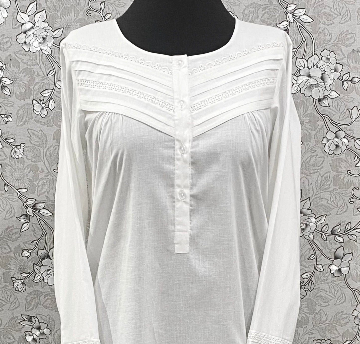 SoieRose White Victorian Cotton Nightgown – SR-1192 – Long Sleeve Sleepwear with Lace Trim and Button Front