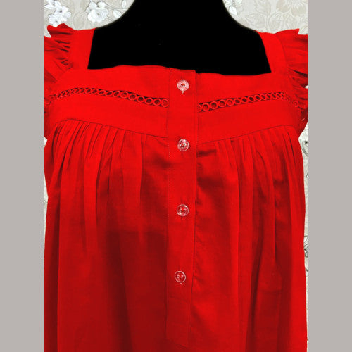 SoieRose Vintage Victorian-Style Red 100% Cotton Nightgown with Intricate Lace-SR1036