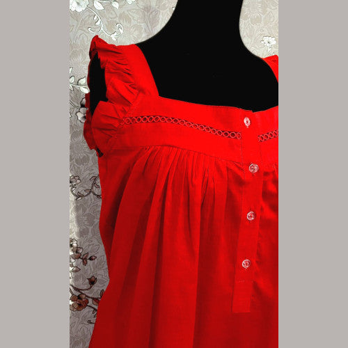 SoieRose Vintage Victorian-Style Red 100% Cotton Nightgown with Intricate Lace-SR1036