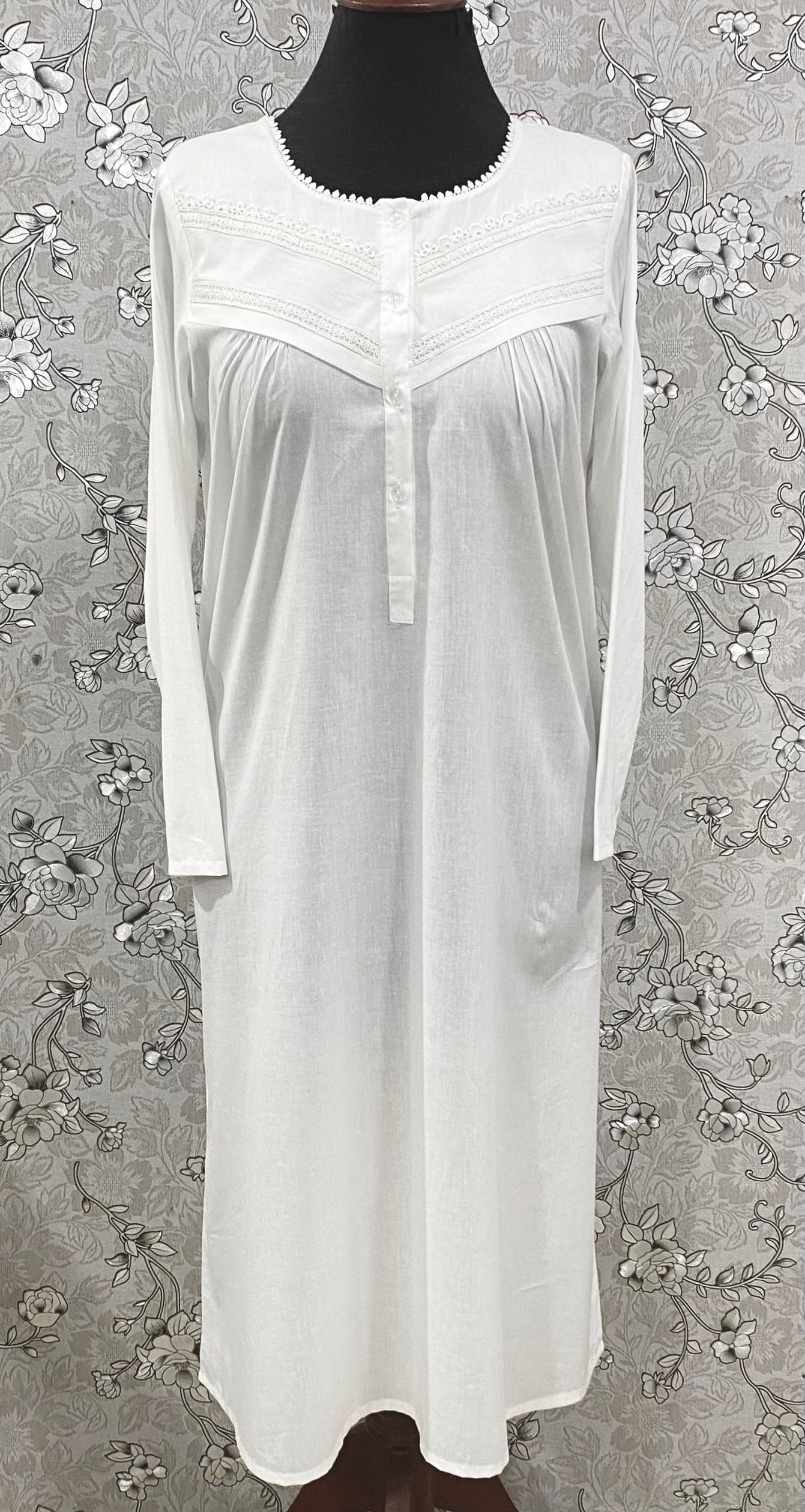 SoieRose White Victorian Cotton Nightgown – SR-1192 – Long Sleeve Sleepwear with Lace Trim and Button Front