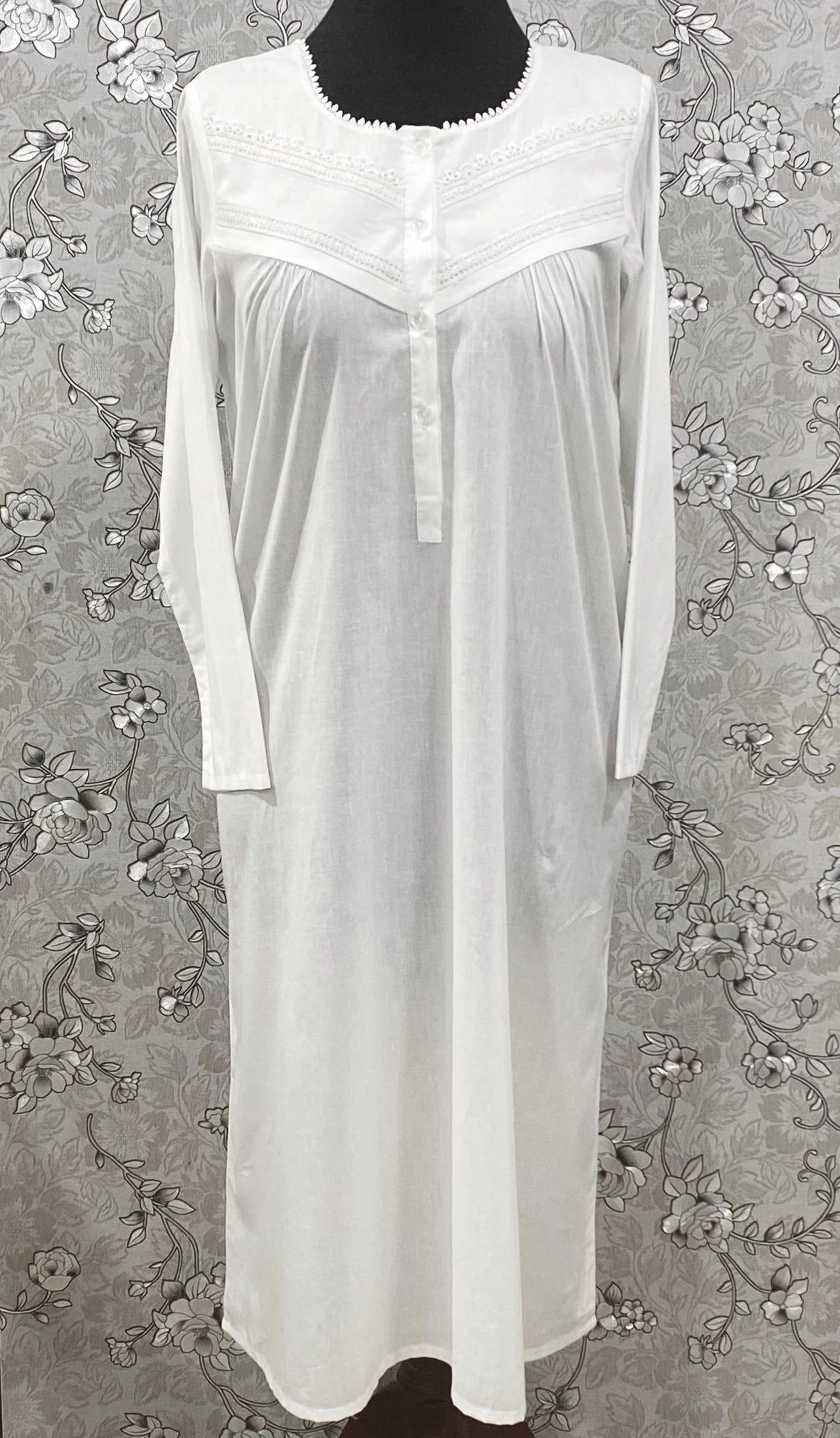SoieRose White Victorian Cotton Nightgown – SR-1192 – Long Sleeve Sleepwear with Lace Trim and Button Front
