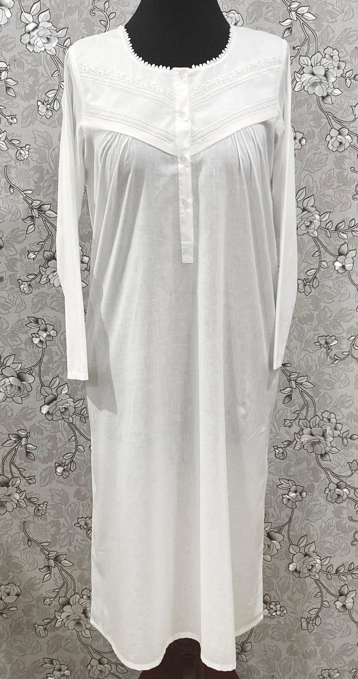 SoieRose White Victorian Cotton Nightgown – SR-1192 – Long Sleeve Sleepwear with Lace Trim and Button Front