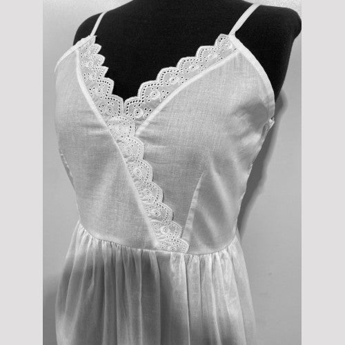 SoieRose White 100% Cotton Spaghetti Strap V-neck Victorian Nightgown SR-1008