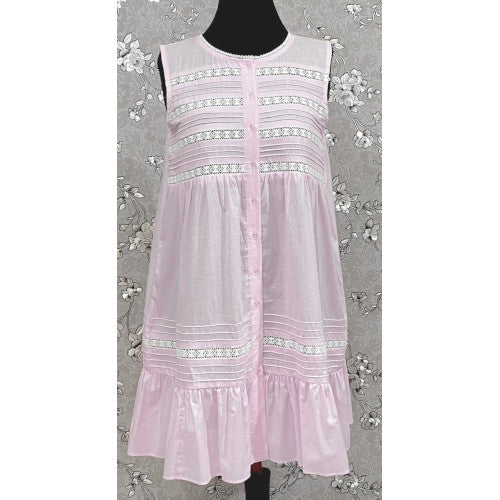 Victorian Pale Pink Cotton Nightgown with Eyelet Lace & Ruffle Hem | Sleeveless | SoieRose SR1135