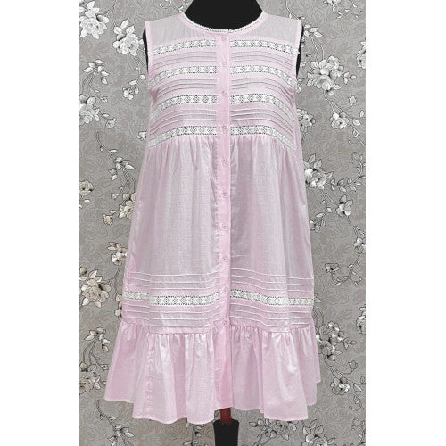 Victorian Pale Pink Cotton Nightgown with Eyelet Lace & Ruffle Hem | Sleeveless | SoieRose SR1135
