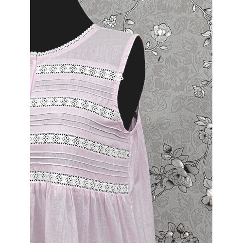 Victorian Pale Pink Cotton Nightgown with Eyelet Lace & Ruffle Hem | Sleeveless | SoieRose SR1135