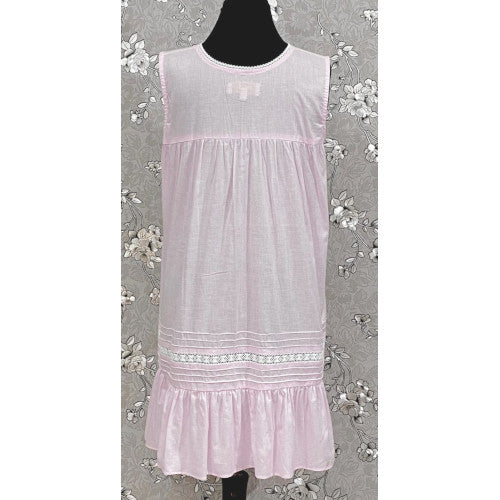 Victorian Pale Pink Cotton Nightgown with Eyelet Lace & Ruffle Hem | Sleeveless | SoieRose SR1135