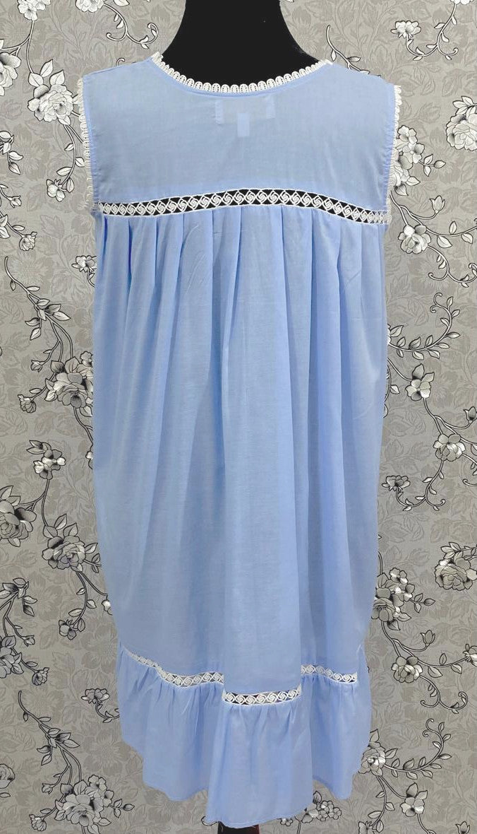 Victorian Periwinkle Cotton Nightgown | Sleeveless Eyelet Trim Nightdress | Ruffle Hem Sleepwear | Vintage Style SoieRose SR1139