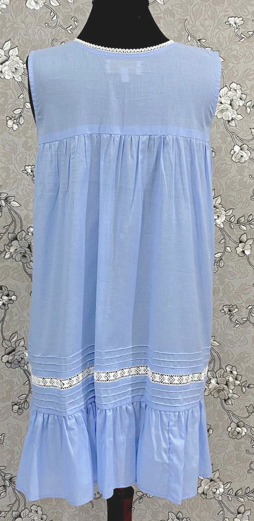 Victorian Periwinkle Cotton Nightgown with Eyelet Lace & Ruffle Hem | Sleeveless | SoieRose SR1134