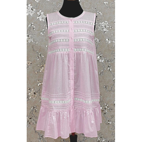Victorian Pink 100% Cotton Nightgown with Eyelet Lace & Ruffle Hem | Sleeveless | SoieRose SR1133