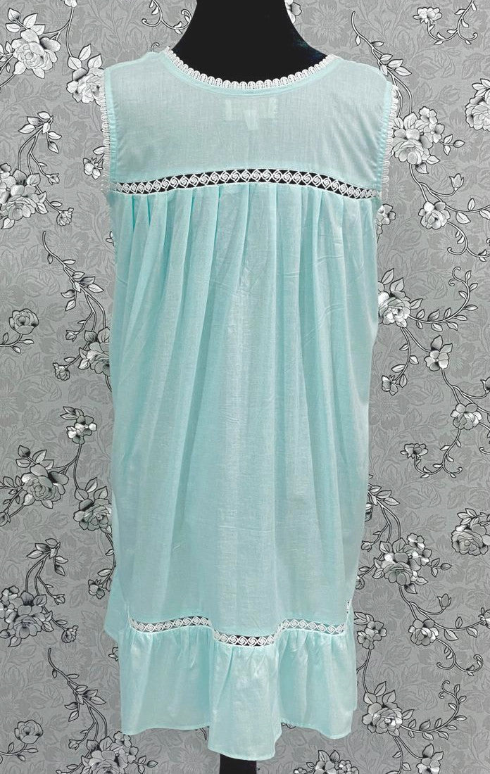 Victorian Sea Green Cotton Nightgown | Sleeveless Eyelet Trim Nightdress | Ruffle Hem Sleepwear | Vintage Style SoieRose SR1141