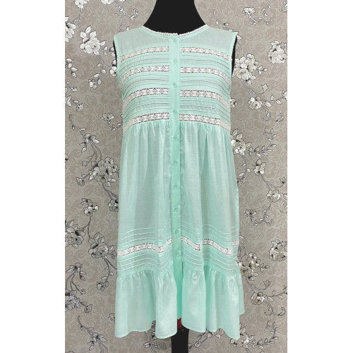 Victorian Sea Green Cotton Nightgown with Eyelet Lace & Ruffle Hem | Sleeveless | SoieRose SR1136