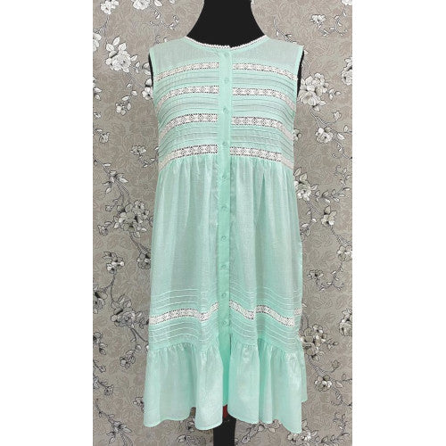 Victorian Sea Green Cotton Nightgown with Eyelet Lace & Ruffle Hem | Sleeveless | SoieRose SR1136