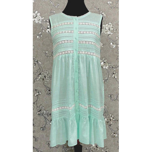 Victorian Sea Green Cotton Nightgown with Eyelet Lace & Ruffle Hem | Sleeveless | SoieRose SR1136