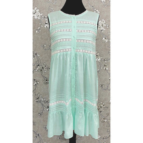 Victorian Sea Green Cotton Nightgown with Eyelet Lace & Ruffle Hem | Sleeveless | SoieRose SR1136