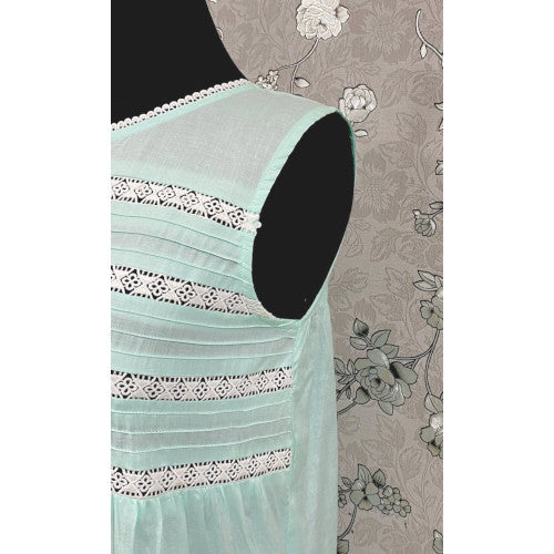 Victorian Sea Green Cotton Nightgown with Eyelet Lace & Ruffle Hem | Sleeveless | SoieRose SR1136