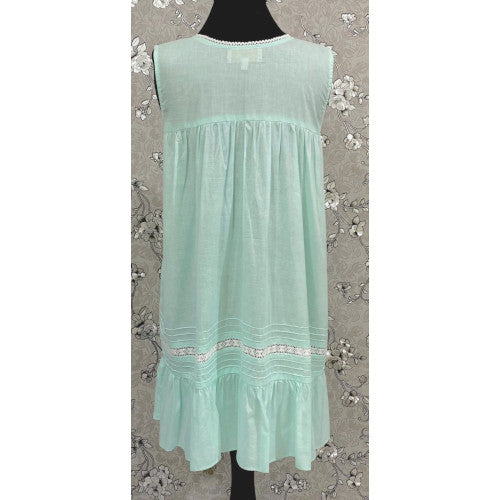 Victorian Sea Green Cotton Nightgown with Eyelet Lace & Ruffle Hem | Sleeveless | SoieRose SR1136