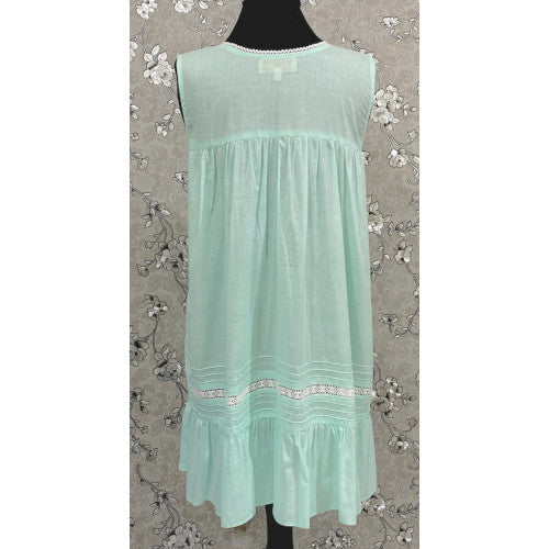 Victorian Sea Green Cotton Nightgown with Eyelet Lace & Ruffle Hem | Sleeveless | SoieRose SR1136