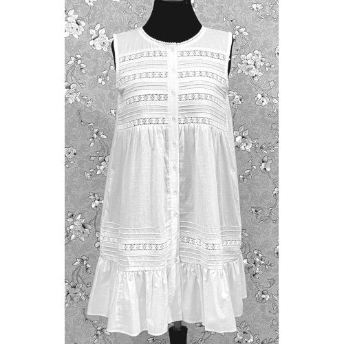 Victorian White Cotton Nightgown with Eyelet Lace & Ruffle Hem | Sleeveless | SoieRose SR1132