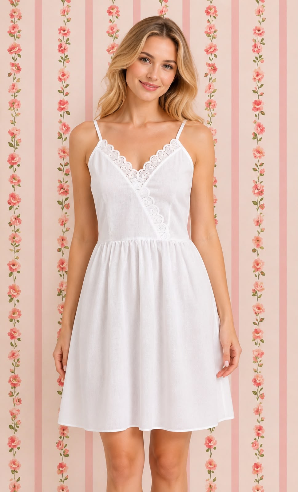 SoieRose White 100% Cotton Spaghetti Strap V-neck Victorian Nightgown SR-1008