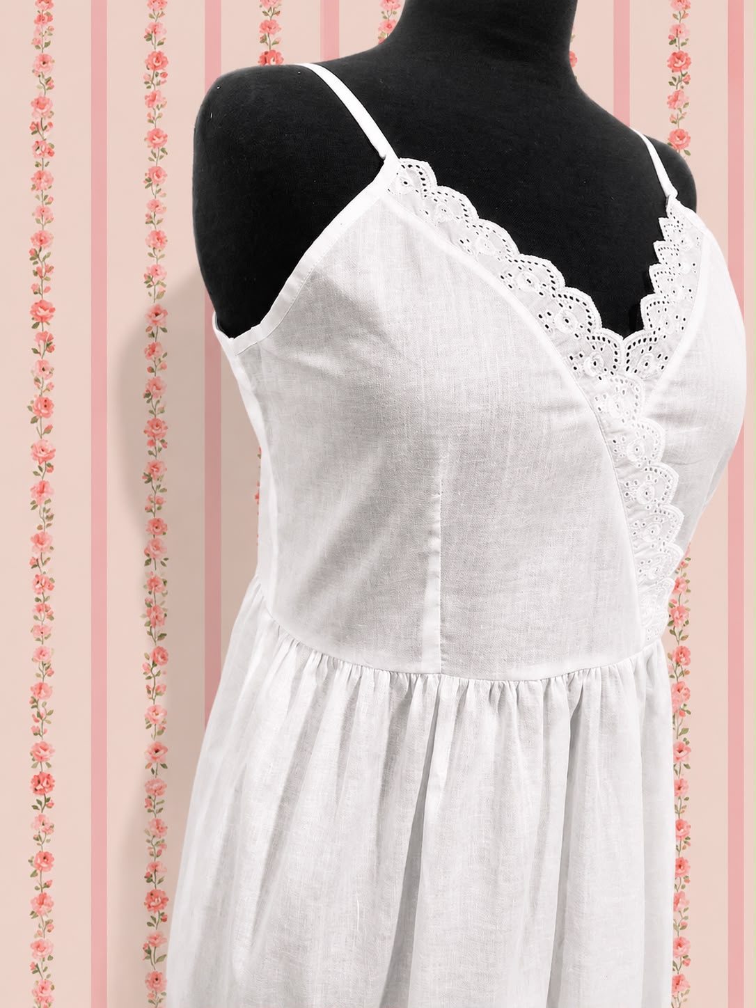 SoieRose White 100% Cotton Spaghetti Strap V-neck Victorian Nightgown SR-1008
