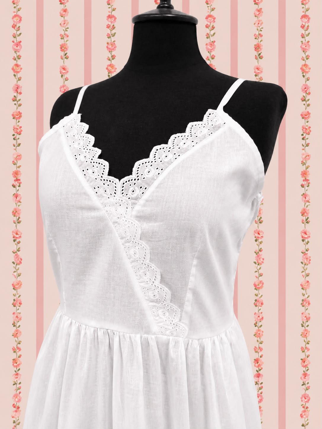 SoieRose White 100% Cotton Spaghetti Strap V-neck Victorian Nightgown SR-1008
