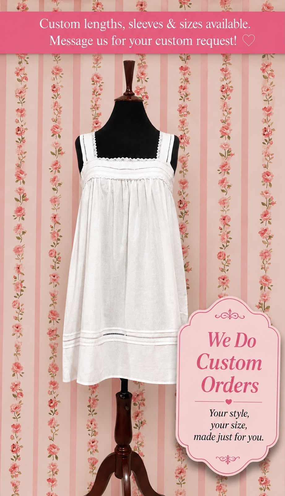 SoieRose White 100% Cotton Strappy Victorian Nightgown - SR-1012