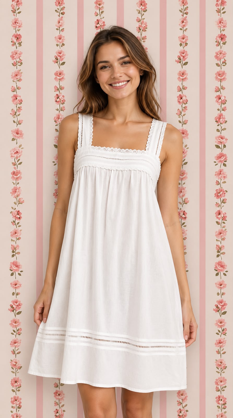 SoieRose White 100% Cotton Strappy Victorian Nightgown - SR-1012