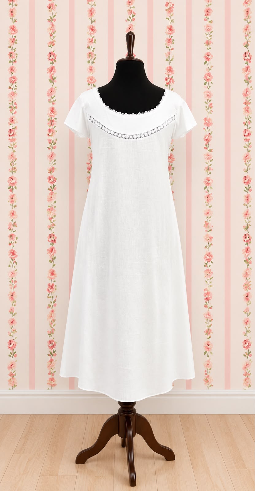 SoieRose 100% White Cotton  Victorian Short Sleeves Nightgown - SR-1014