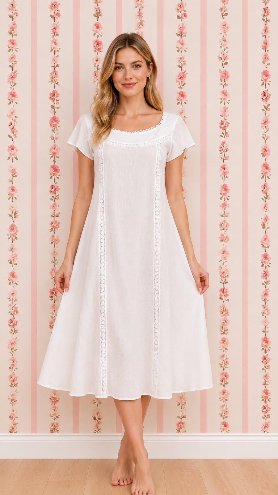 SoieRose 100% White Cotton  Victorian Short Sleeves Nightgown - SR-1014