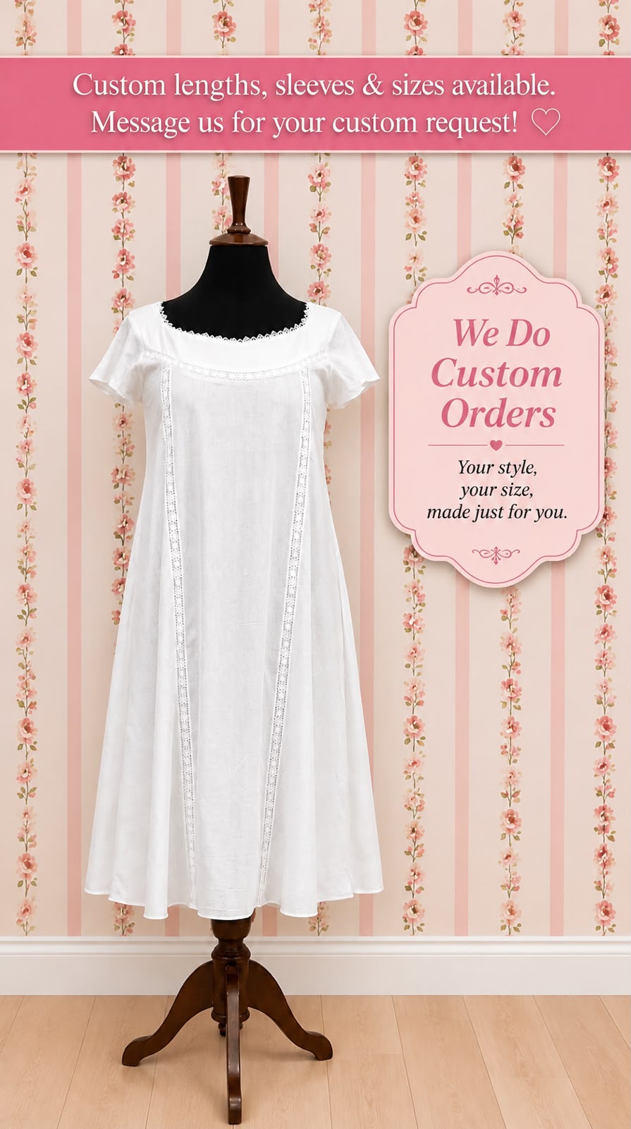 SoieRose 100% White Cotton  Victorian Short Sleeves Nightgown - SR-1014