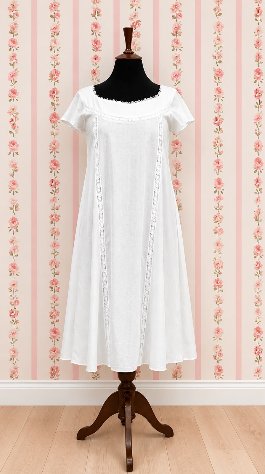 SoieRose 100% White Cotton  Victorian Short Sleeves Nightgown - SR-1014