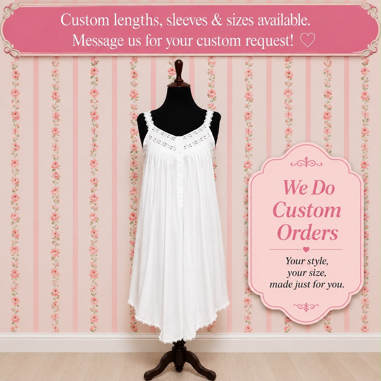 SoieRose 100% White Cotton  Sleeveless Nightgown with Straps - SR-1015