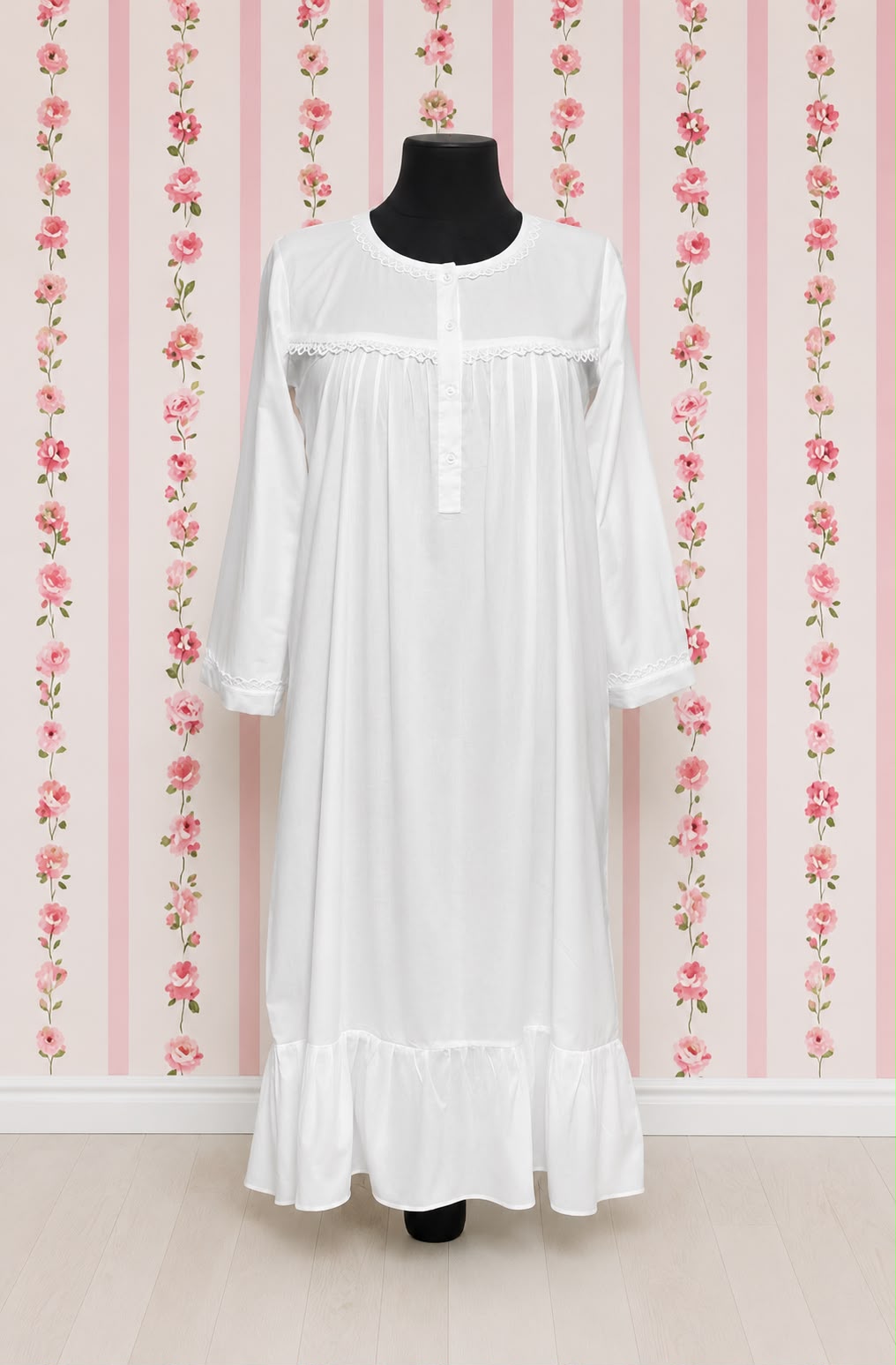 SoieRose 100% White Cotton  3/4 sleeves Victorian Nightgown - SR-1016
