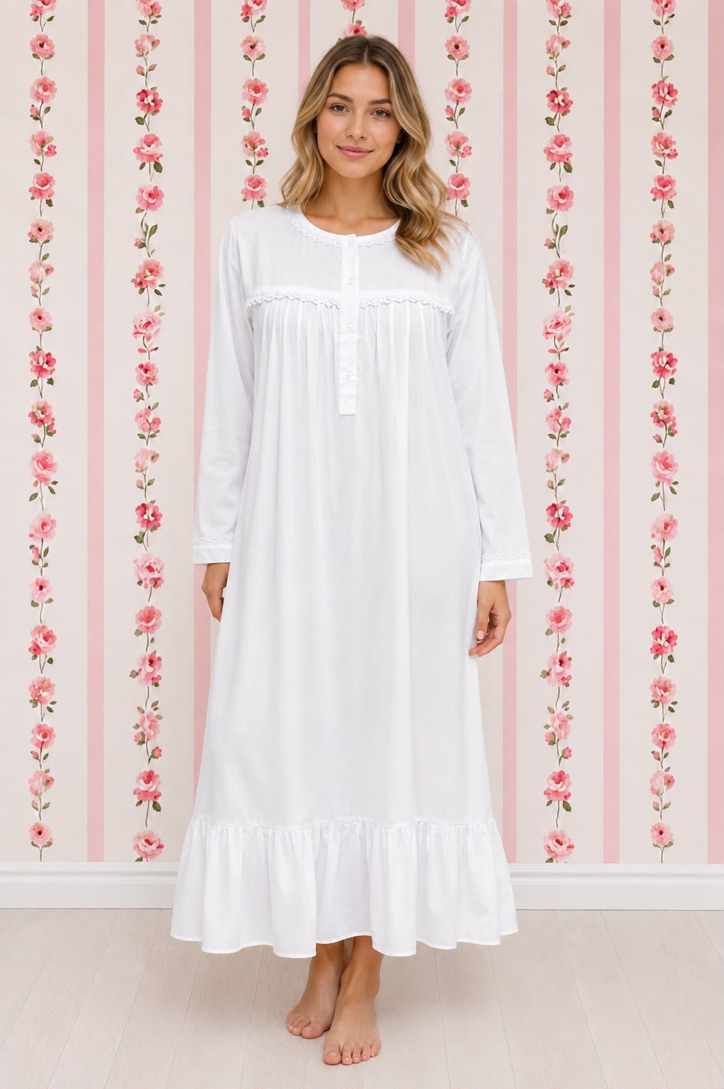 SoieRose 100% White Cotton  3/4 sleeves Victorian Nightgown - SR-1016