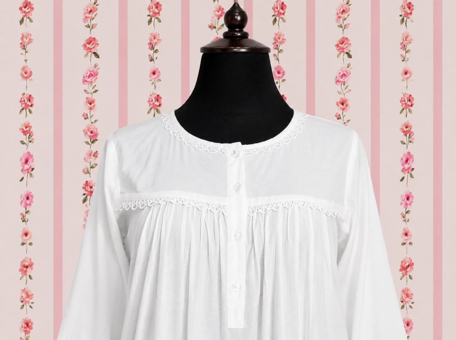 SoieRose 100% White Cotton  3/4 sleeves Victorian Nightgown - SR-1016