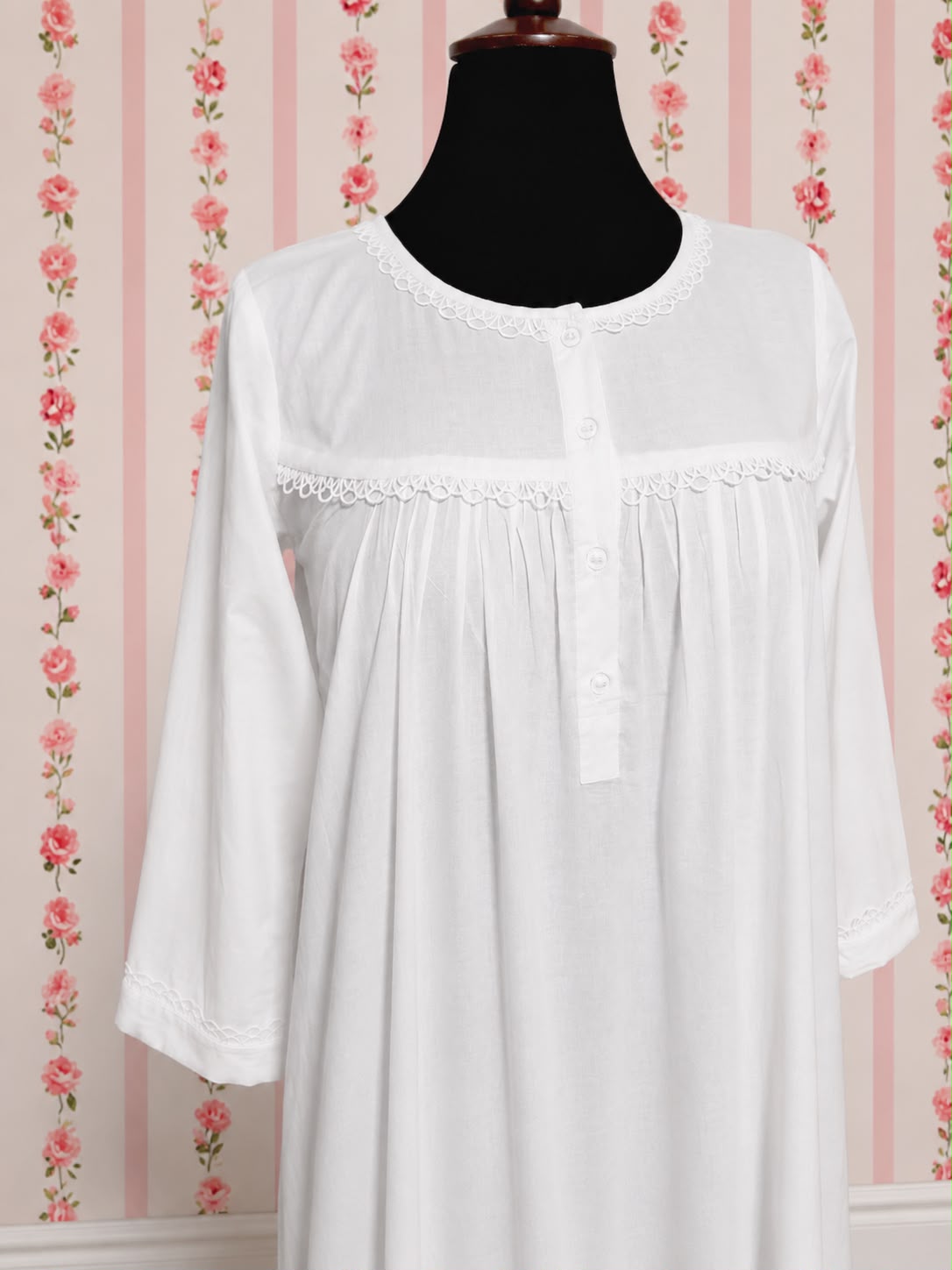 SoieRose 100% White Cotton  3/4 sleeves Victorian Nightgown - SR-1016