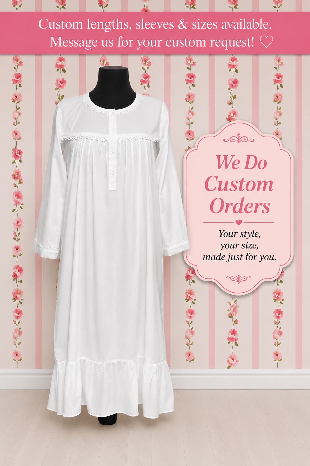 SoieRose 100% White Cotton  3/4 sleeves Victorian Nightgown - SR-1016
