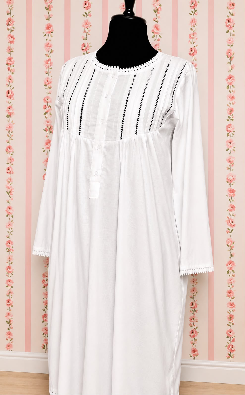 SoieRose 100% White Cotton  3/4 sleeves Victorian Nightgown - SR-1017