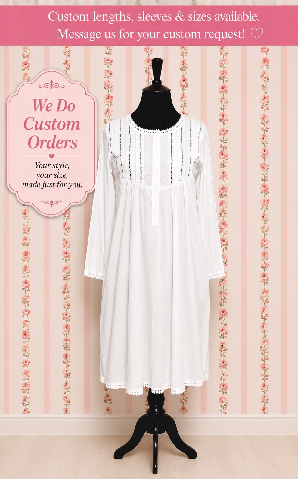 SoieRose 100% White Cotton  3/4 sleeves Victorian Nightgown - SR-1017