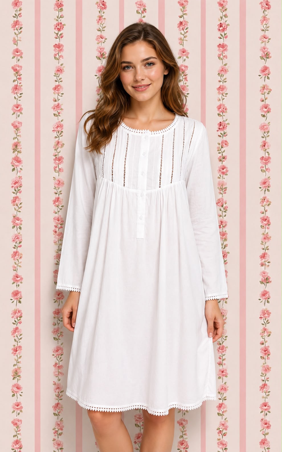 SoieRose 100% White Cotton  3/4 sleeves Victorian Nightgown - SR-1017