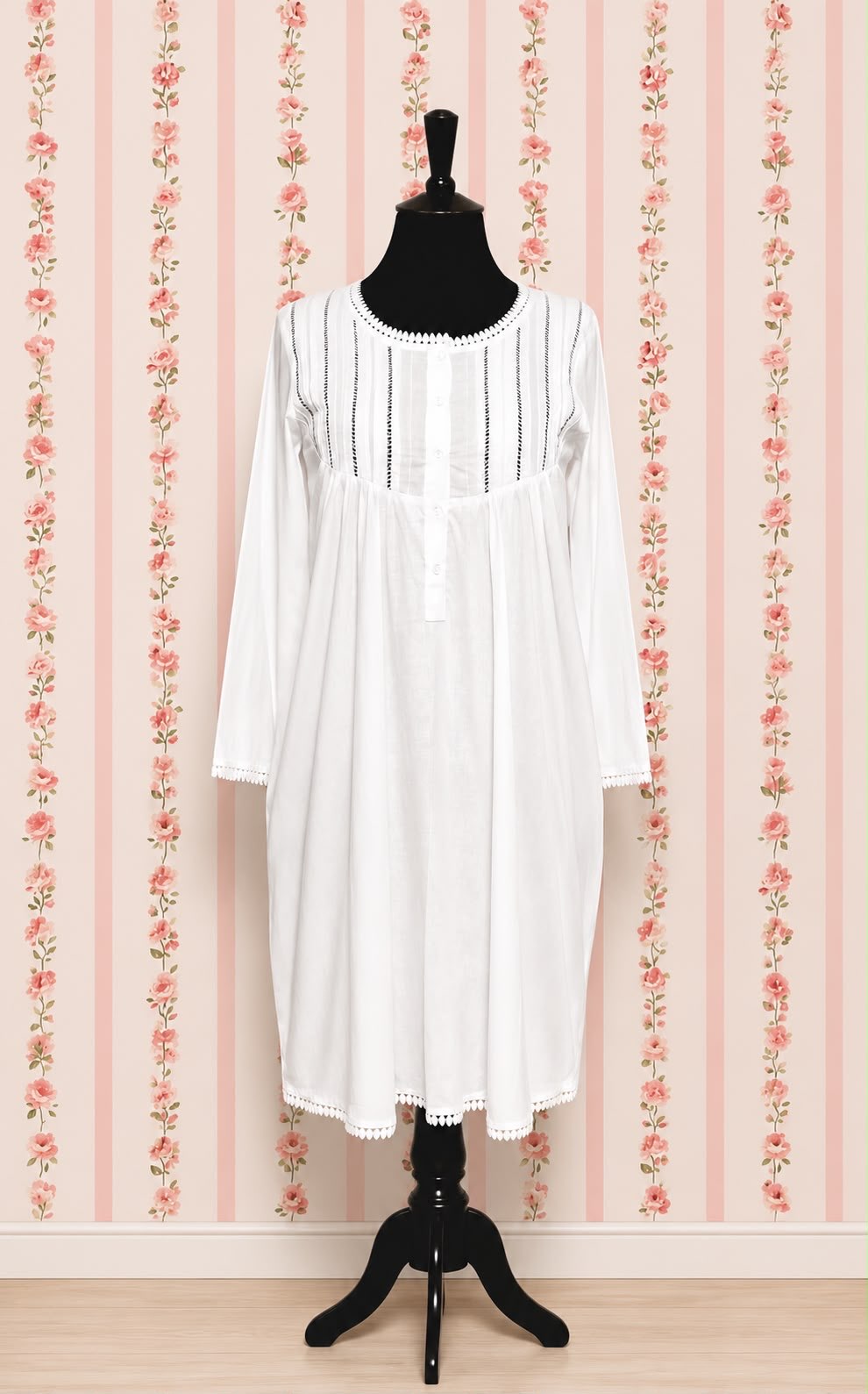 SoieRose 100% White Cotton  3/4 sleeves Victorian Nightgown - SR-1017