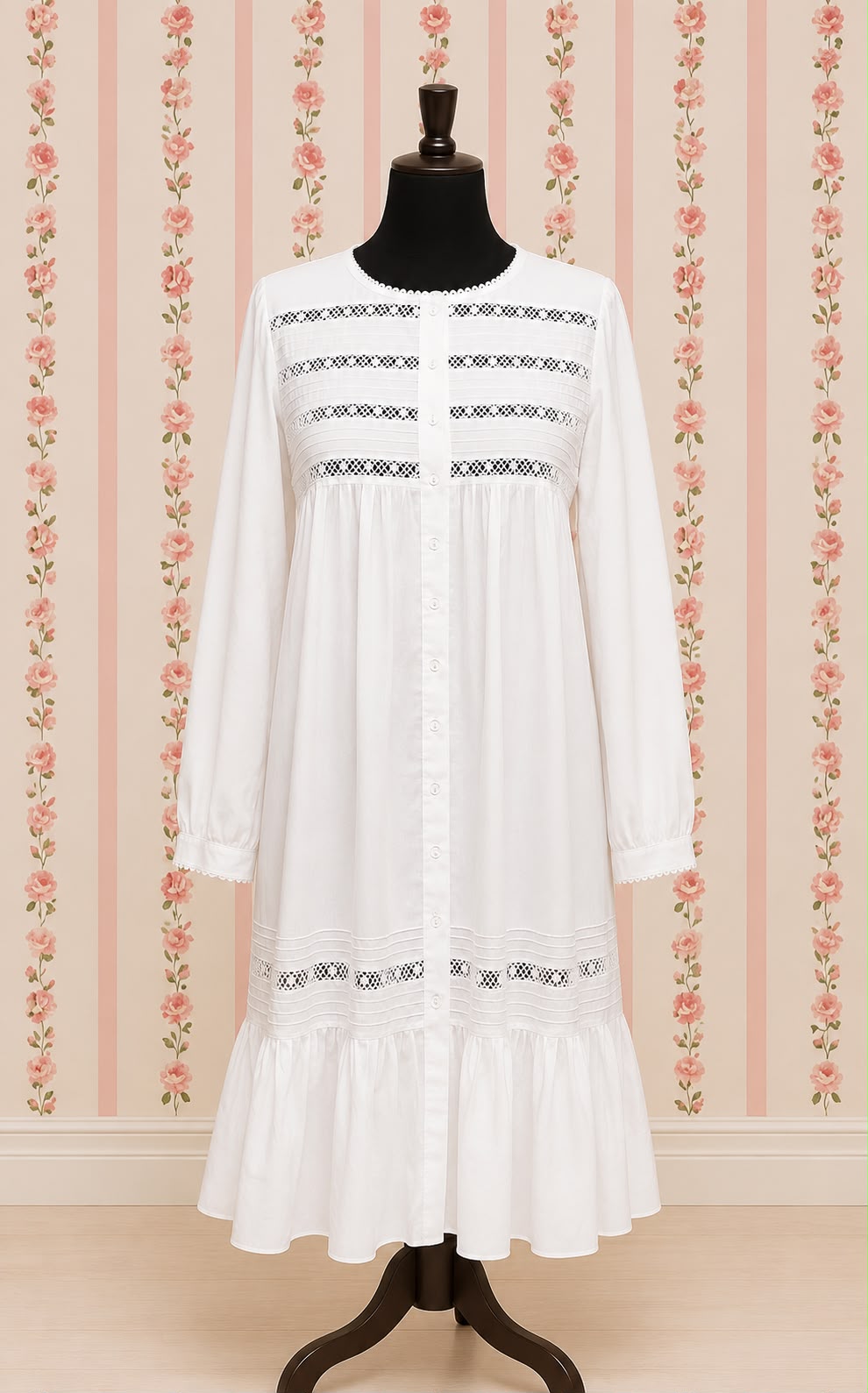 SoieRose 100% White Cotton  Long Sleeves Victorian Nightgown - SR-1022