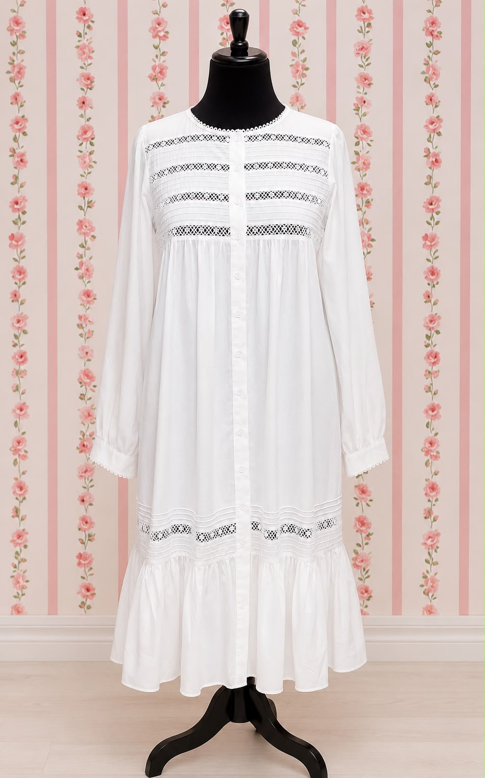 SoieRose 100% White Cotton  Long Sleeves Victorian Nightgown - SR-1022